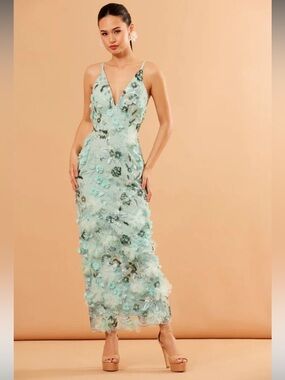 helsi norah green 3d floral applique beaded sequin v-neck maxi gown dress XS NEW